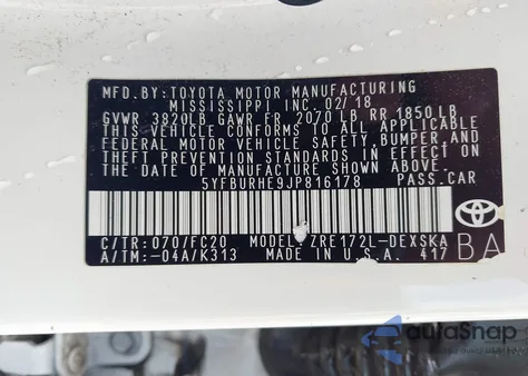 2018 Toyota Corolla Se из США, поврежденный, VIN 5YFBURHE9JP816178